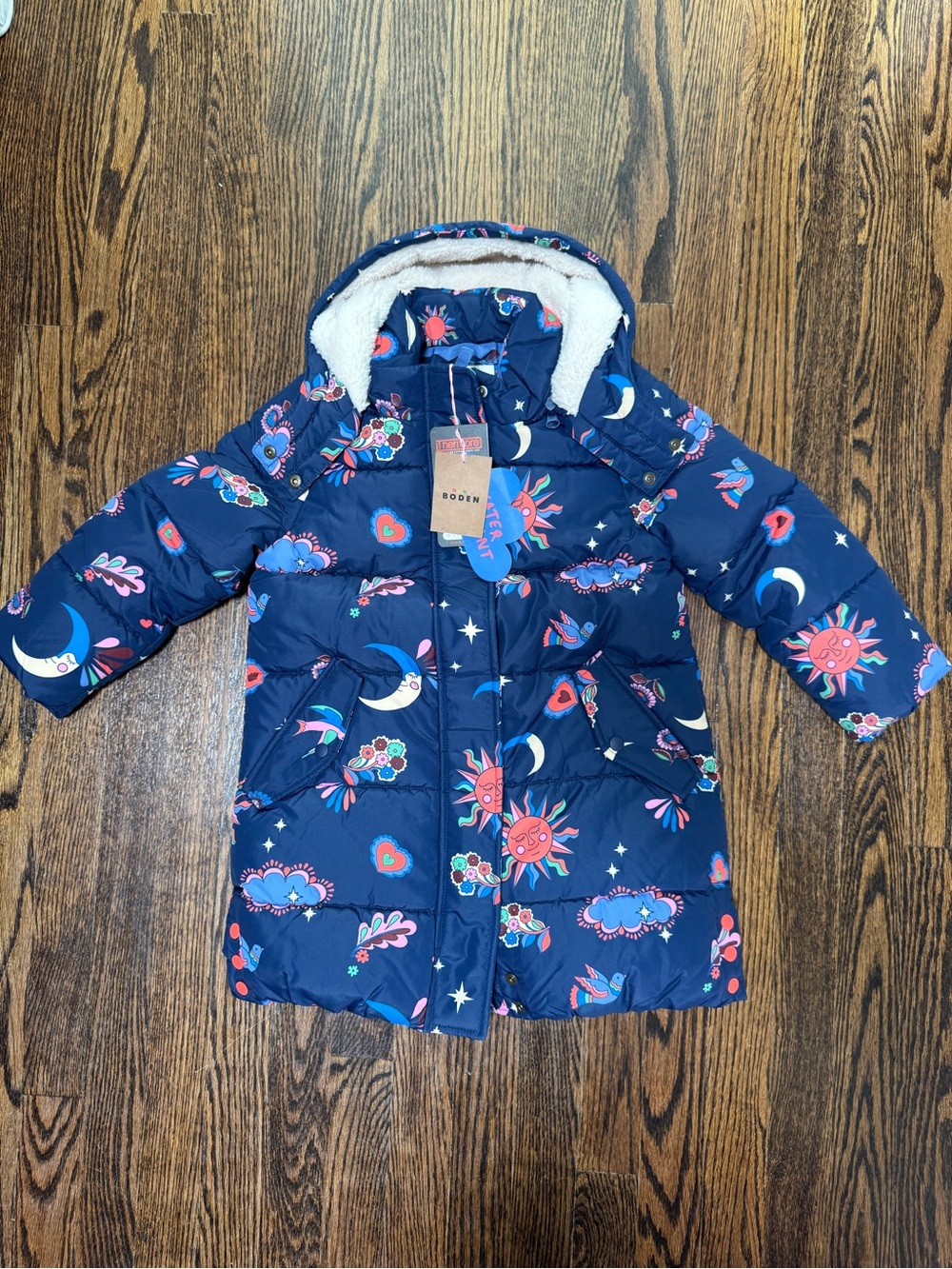 NWT! Size 4-5 Mini Boden Hooded Longline Navy Sun & Moon Puffer Coat